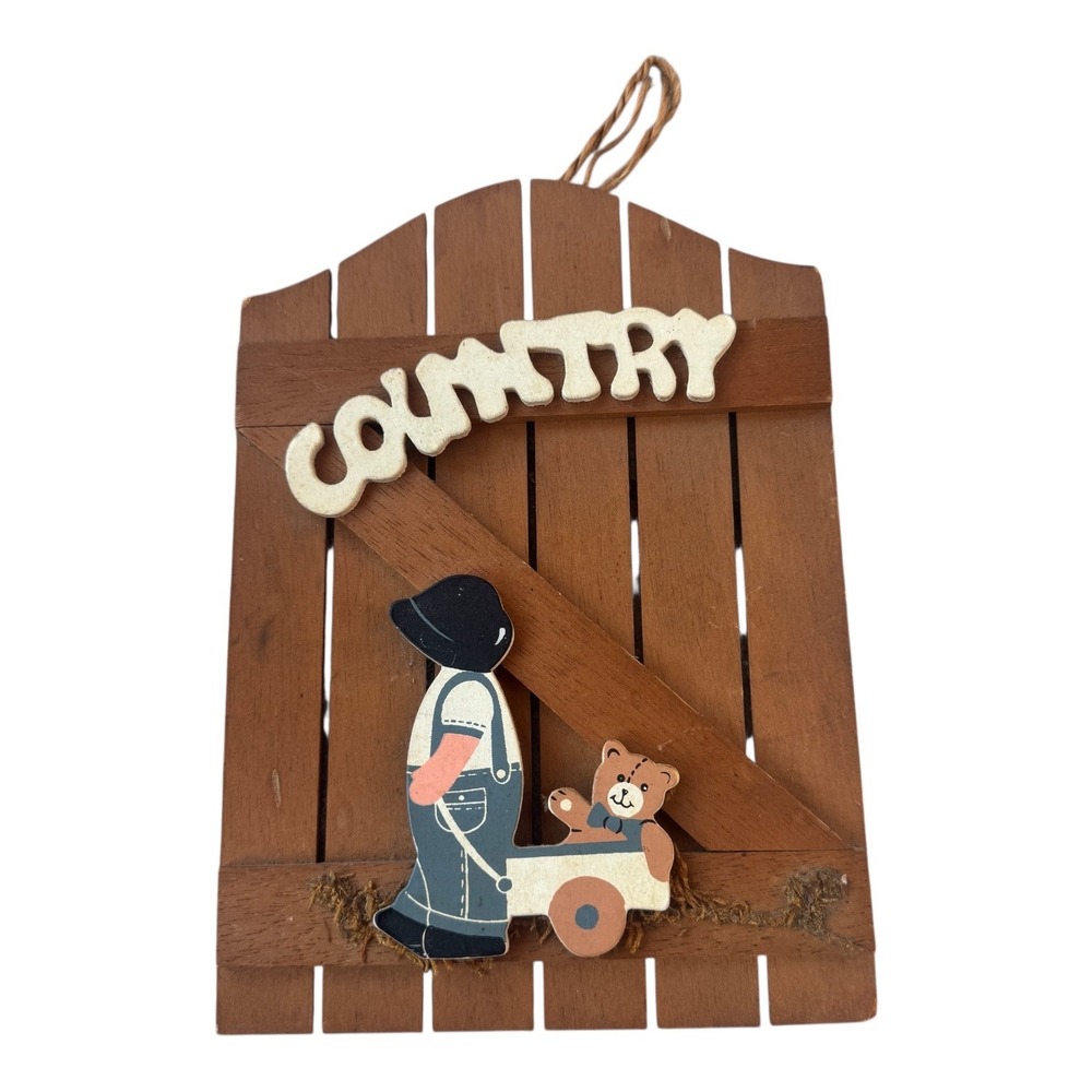Vintage 80s Country Barn Door Wall Hanging Boy & Bear Nursery Decor Cottagecore